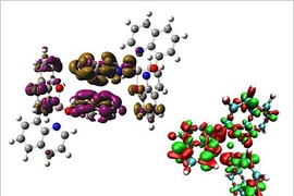 In a device such as an optical display, positive (purple) and negative (gold) charges are attracted strongly to one another and become trapped (first picture). Because of the unusual rules of quantum physics, the trapped charges can emit light (second picture) if they are spinning in opposite directions. Van Voorhis is creating simulations to show how to selectively create trapped charges in organ...