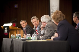 From left, Ricardo Caballero PhD '88, head of MIT's Department of Economics; Olivier Blanchard PhD ’77, the Class of 1941 Professor of Economics at MIT and chief economist with the International Monetary Fund; Robert J. Gordon '67, Stanley G. Harris Professor of the Social Sciences, Northwestern University; N. Gregory Mankiw PhD ’84, Robert M. Beren Professor of Economics, Harvard University; ...