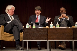 From left to right, Stewart C. Myers, Robert C. Merton (1970) Professor of Financial Economics, MIT Sloan School of Management; Douglas T. Breeden ’72, William W. Priest, Jr. Professor of Finance, Fuqua School of Business, Duke University; Eugene Flood PhD ’84, President and CEO, Smith Breeden Associates.