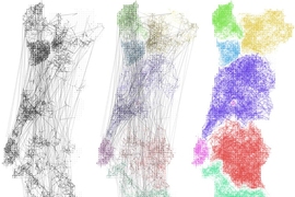 Analysis of telecom data globally (shown above for Portugal) shows the extent to which communications networks (at left) may correspond to existing political or geographic regions (represented at right). 