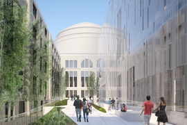  The courtyard between MIT.nano and Building 4 looking west from Building 8 toward the Great Dome.