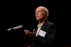 Apollo 11 astronaut Michael Collins addressed the panel of younger astronauts during Friday’s Q&A with MIT alumni astronauts.