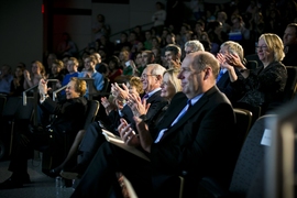  (Right to left): Provost Marty Schmidt sits with Christine Reif and President L. Rafael Reif.  