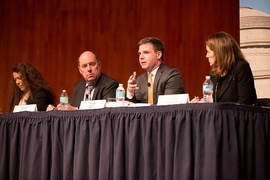 From right, Chancellor Cynthia Barnhart, Executive Vice President and Treasurer Israel Ruiz, and Provost Martin Schmidt participated in a panel discussion at the Institute Diversity Summit. The panel was moderated by Dean for Graduate Education Christine Ortiz (left).