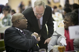 President Reif greets the parents of graduate student Kelvin Frazier, one of this year’s recipients of a Dr. Martin Luther King Jr. Leadership Award.