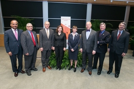 (From left) S.P. Kothari, Howard Shrobe, President L. Rafael Reif, Daniela Rus, Maria Zuber, Daniel Weitzner, Stuart Madnick, and Director of MIT Lincoln Laboratory Eric Evans