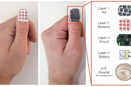 The first NailO prototype with Rigid PCB and copper printed electrodes. It can be personalized with a top nail-art layer. The 4 layers are shown individually, stacked on top of each other. 