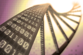 Illustration: DNA-like double helix with lines of 1s and 0s on it