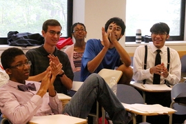 TI-84 The Win teammates (from left) Deon Richmond, Jason Paulos, Kendra Washington (in back), Benjamin Kurzban, and Hector Iglesias