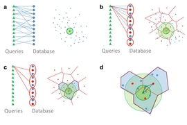 Entropy scaling data structure for similarity search. The naive approach (a) tests each query against each database entry to find entries within a certain distance of the query (inside the green circle). By selecting appropriate cluster centers (b) with a certain radius to partition the database, the researchers can do coarse search (c) to find all cluster centers within distance and radius of a q...