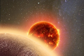 In this artist's rendering of GJ 1132b, a rocky exoplanet very similar to Earth in size and mass, circles a red dwarf star. GJ 1132b is relatively cool (about 450 degrees F) and could potentially host an atmosphere. At a distance of only 39 light-years, it will be a prime target for additional study with Hubble and future observatories like the Giant Magellan Telescope.