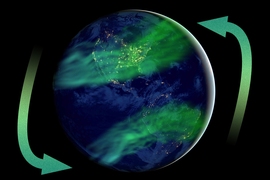 Artistic impression of latitudinally more widespread aurora as an expected consequence of geomagnetic field strength much lower than today's. 
