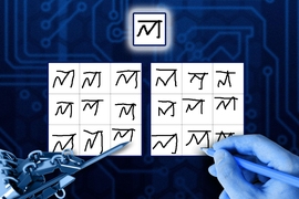 Humans and machines were given an image of a novel character (top) and asked to produce new versions. A machine generated the nine-character grid on the left. 
