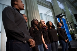 The MIT Gospel Choir sings during luncheon.