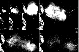 This sequence illustrates the evolution of the multiphase turbulence cloud that suspends droplets emitted during a sneeze. Shown here are times ranging from 7 to 340 milliseconds post sneeze onset. 