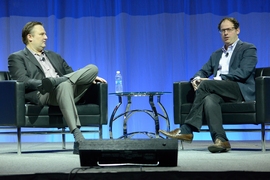 (Left to right): Daryl Morey SM '00, general manager of the Houston Rockets, speaks with statistician Nate Silver.