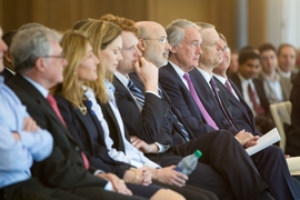 Among the Massachusetts officials attending Friday’s event were: Governor Charlie Baker (far right); Senator Ed Markey (left of Baker); and Congressman Joseph Kennedy (center, hand at chin).