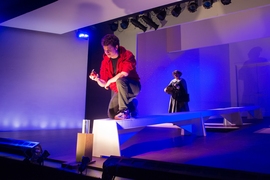 Isaac Newton in the foreground, played by Ben Spiro (2017) a junior studying mechanical engineering through the Cambridge-MIT exchange program. Hannah Smith, Newton’s mother is in the background, played by Sabrine Iqbal (2017) a junior pursuing majors in both mechanical engineering and theater arts. 