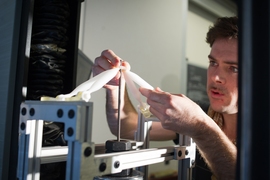 Students in John Hart’s Additive Manufacturing class square off in a bridge-building competition to see who can design and print the sturdiest bridge.