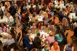 Randomly assigned to tables of 10, participants at an open forum engaged in extended conversations about values, sources of intolerance, and ways to help MIT sustain an inclusive community during a time of social tension. 