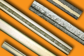 This image shows the fabrication steps from raw circular filament to a fully functional bending artificial muscle. The bottom filament is a raw circular filament. Researchers press the filament using a rolling mill (the second sample from the bottom). Next, they add a mask in the middle of the surface (the third sample from the bottom). Then, they add the conductive ink (the second sample from the...