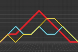 In this illustration, each colored line represents a different state of a “spin chain,” which can be thought of as the magnetic orientations, or spins, of a string of quantum particles. Where the line rises, the spin is up; where it falls, the spin is down; and where it’s flat, the spin is zero. MIT researchers modeled the entanglement of a quantum system as the “superposition” of such s...