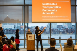 The “Sustainable Transportation Community Action Kit” team presented their work.  Left to right:  Dena Seidel, director for the U.S. and Pacific Region at the Okeanos Foundation for the Sea; Siyu Qin, coordinator of social science at Conservation International; Natalie Mionis, an undergraduate in electrical engineering and computer science; and undergraduate Noah McDaniel.
