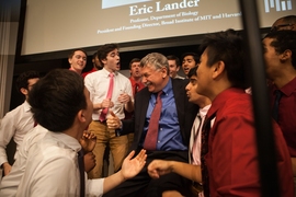 The MIT Logarhythms serenaded Lander before his lecture.
