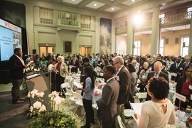 Attendees filled the Walker Memorial building’s Morss Hall.