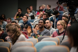 The class meets in MIT’s largest auditorium, Building 26-100.
