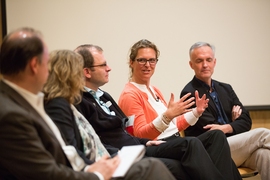 A panel discussion on the future of sensing technologies, moderated remotely by NPR talk show host Tom Ashbrook (not seen here), featured (from left to right) MIT Professor Vladimir Bulovic, The Engine President and CEO Katie Ray, MIT Professor David Mindell, Massachusetts 
Assistant Secretary of Innovation, Technology and Entrepreneurship Katie Stebbins, and MIT Professor James Collins.