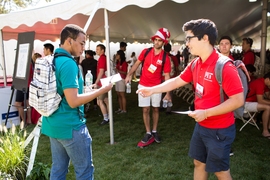 A new student arrives at Convocation. “Every one of you has what it takes to succeed here… And I hope you will join us in facing the challenge of building a better MIT, and building a better world,” Reif said. 