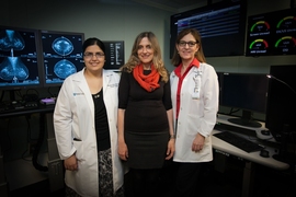 Pictured, left to right, are: Manisha Bahl, director of the Massachusetts General Hospital Breast Imaging Fellowship Program; MIT Professor Regina Barzilay (center); and Constance Lehman, professor at Harvard Medical School and chief of the Breast Imaging Division at MGH’s Department of Radiology. 
