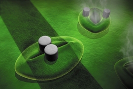 Artist's impression of the sensor comprised of conductive ink printed across a stoma with two micropillars. 
