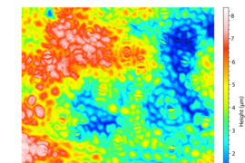 A height profile map demonstrates a highly nonplanar leaf surface. This and the nonuniform wetting leaf properties were the main challenges to printing micrometer-sized features on the leaf surface.
