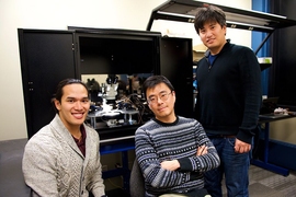 From left: MIT researchers Scott H. Tan, Jeehwan Kim, and Shinhyun Choi
