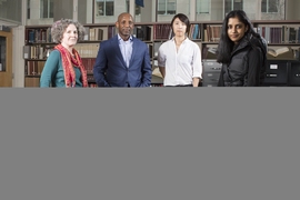 From left to right: Nora Murphy, archivist for researcher services in the Institute Archives and Special Collections; Craig Steven Wilder, the Barton L. Weller Professor of History in the School of Humanities, Arts, and Social Sciences; Clare Kim, a graduate student in the HASTS program (History, Anthropology, and Science, Technology, and Society) who served as teaching assistant for Murphy and Wi...