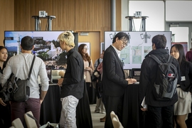 Throughout Saturday afternoon, 40 teams showcased innovations in the Samberg Conference Center in nine categories: water and sanitation, education and training, agriculture and food, health and medical, emergency and disaster relief, infrastructure, energy and environment, mobile devices and communication, and finance and entrepreneurship.