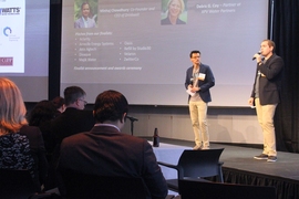 MIT Water Innovation Prize co-directors Preston Kutney (left) and Juan Bazet, both MIT Sloan School of Management students, deliver the welcoming remarks.