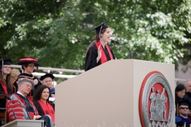 Sarah Ann Goodman, president of the Graduate Student Council, told the class of 2018 about her own research using electron microscopy, which requires multiple views of a sample from different angles. In the same way, she said, “when we tackle global challenges such as health care access, climate change, and human rights issues, I hope we ask ourselves — are all perspectives being considered?...