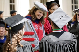 Chancellor Cynthia Barnhart SM ’86, PhD ’88 congratulated a member of the class of 2018.