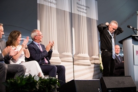 Professor Yoel Fink, CEO of Advanced Functional Fabrics of America, donned a tie specially made for the occasion by AFFOA, with communications systems built into the fabric.