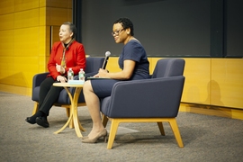 Beverly Daniel Tatum (left), president emerita of Spelman College, and Melissa Nobles (right), the Kenan Sahin Dean of the School of Humanities, Arts, and Social Sciences at MIT, discussed racial relations in the U.S., on April 18 at MIT.