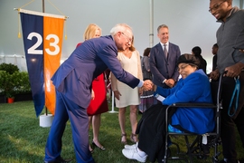 President Reif greets a member of the audience after this year’s President’s Convocation.