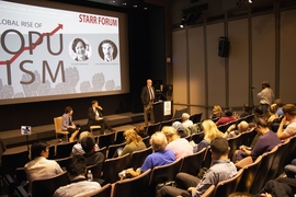 Richard Samuels, the Ford International Professor of Political Science and director of the MIT Center for International Studies, introduces Suzanne Berger, MIT’s John M. Deutch Institute Professor, and Jan-Werner Mueller, a professor of politics at Princeton University, at MIT’s Starr Forum event on global populism, Sept. 12.