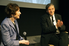 Suzanne Berger, MIT’s inaugural John M Deutch Institute Professor, and Jan-Werner Mueller, professor of politics at Princeton University, speak on the panel at MIT’s Starr Forum event on global populism, Sept. 12.