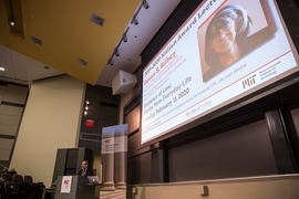 Rick Danheiser, A C Cope Professor Chemistry and MIT Chair of the Faculty, introduces Susan Silbey, the Leon and Anne Goldberg Professor of Humanities, Sociology and Anthropology, and Professor of Behavioral and Policy Sciences at the Sloan School of Management, before she delivered the 48th Annual James R. Killian, Jr. Faculty Achievement Award Lecture at MIT on Tuesday, February 11, 2020.