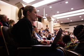 A crowd of about 250 people attended as Susan Silbey, the Leon and Anne Goldberg Professor of Humanities, Sociology and Anthropology, and Professor of Behavioral and Policy Sciences at the Sloan School of Management, delivered the 48th Annual James R. Killian, Jr. Faculty Achievement Award Lecture at MIT on Tuesday, February 11, 2020.