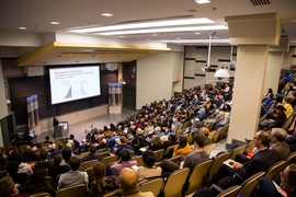 Susan Silbey, the Leon and Anne Goldberg Professor of Humanities, Sociology and Anthropology, and Professor of Behavioral and Policy Sciences at the Sloan School of Management, explains her research while delivering the 48th Annual James R. Killian, Jr. Faculty Achievement Award Lecture at MIT on Tuesday, February 11, 2020.