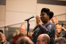 Sandy Alexandre, associate professor in MIT’s Literature Section, poses a question after Susan Silbey, the Leon and Anne Goldberg Professor of Humanities, Sociology and Anthropology, and Professor of Behavioral and Policy Sciences at the Sloan School of Management, delivered the 48th Annual James R. Killian, Jr. Faculty Achievement Award Lecture at MIT on Tuesday, February 11, 2020.